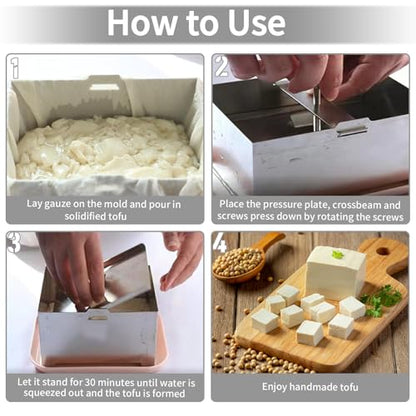 Tofu Press, SUS304 Paneer Maker with Presser Towel and Drip Tray, Fast Water Removal ，Stainless Steel Texture,Versatile for paneer and Chees e Press