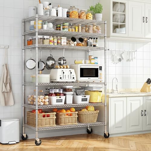 Romorgniz 82" H X45 W X18 D Storage Shelves with Wheels, 6 Tier Wire Shelving Adjustable Metal Shelving Pantry Shelves Capacity 1200LBS for Garage Shelving, Pantry, Kitchen, Closet,Chrome - size: 82"H X45"W X18"D-Chrome