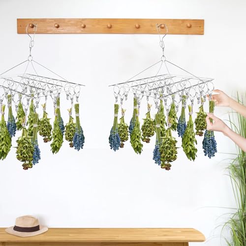 4 Pack Hanging Herb Drying Rack, Stainless Steel with 30 Hooks - Space Saving Herb Dryer for Fresh Herbs, Flowers, Tea & Culinary Herbs - Rustproof Kitchen & Garden Drying Rack
