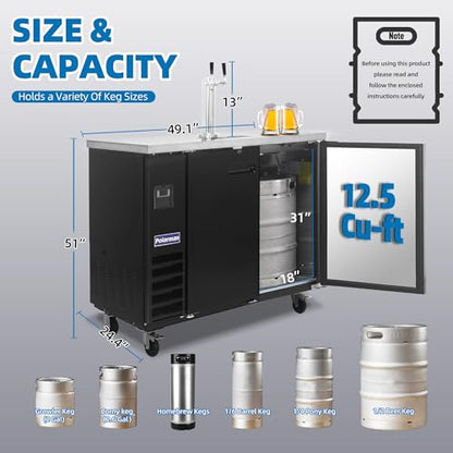 Polarman Commercial Beer Kegerator Double Tap Draft Beer Dispenser 2 Door Beer Dispenser for Bars and Restaurants 49” W Keg Refrigerator With 2 Coupler, 33°F- 41°F Temperature Control-Direct Draw - size: 49"W Double Tap