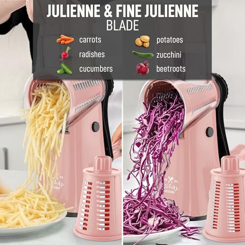 Zulay Kitchen Rotary Cheese Grater 5 Blade Cheese Shredder - Manual Hand Crank Cheese Grater With Reinforced Suction & 5 Interchangeable Drums - Easy to Use, Vegetable Chopper Round Mandoline Slicer - color: Peach & Black