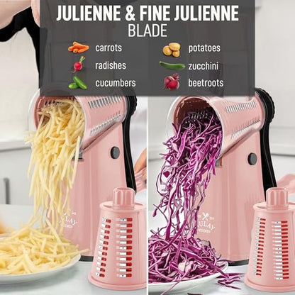 Zulay Kitchen Rotary Cheese Grater 5 Blade Cheese Shredder - Manual Hand Crank Cheese Grater With Reinforced Suction & 5 Interchangeable Drums - Easy to Use, Vegetable Chopper Round Mandoline Slicer - color: Peach & Black