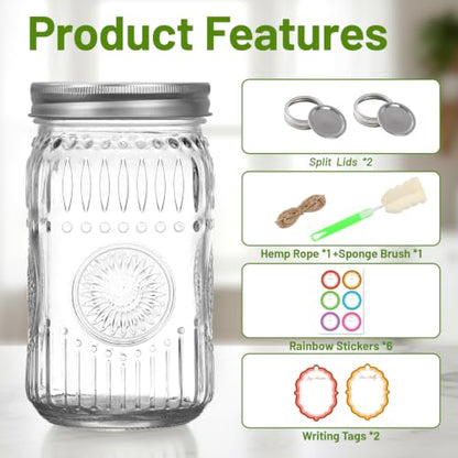2-Pack 32oz Wide Mouth Mason Jars with Lids, Bands & Sunflower Pattern | Quart Glass Canning Jars for Overnight Oats, Pickling, Food Storage, DIY Crafts, Wedding Favors - color: Clear-32oz 2pcs