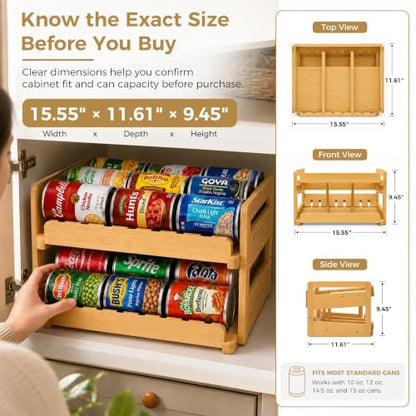 MinBoo Bamboo FIFO Can Organizer for Pantry, 24-Can Gravity Dispenser with Adjustable Dividers, Freestanding Wood Canned Food Storage Rack for Soup, Soda and Pet Food, 15.5" W x 11.6" D x 9.4" H