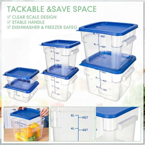 Lallisa 6 Pcs Food Storage Containers with Lids, Clear Square Food Containers with Handles Polycarbonate Restaurant Container Commercial Cereal Storage Set for Kitchen, 2, 4 and 6 Qt(Blue) - color: Blue