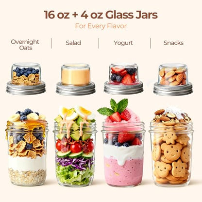 ComSaf Overnight Oats Containers with Lids, 16 oz Glass Mason Jars, 2 Pack | Dual-Layer Design, Yogurt Parfaits, Chia Pudding, Cereal, Fruit and Nuts, Reusable Breakfast Prep - size: 20oz Overnight Oats Cups