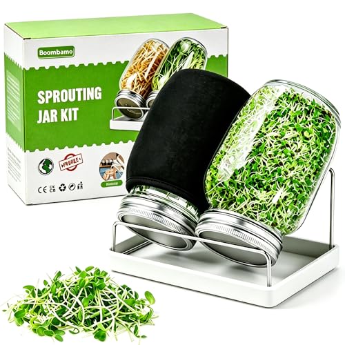 Sprouting Kit,Seed Sprouting Jar Kit,2Pcs Large Wide Mouth Mason Jar with 304 Stainless Steel Screen Sprout Lid,Sprout Jar Stand,Tray,Blackout Sleeves,Sprouts Growing Kit for Broccoli,Mung Bean - color: Red