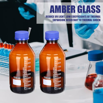 Tellegloww 6 Pieces 1000 ml Reagent Media Bottles Amber Glass Graduated Round Lab Reagent Media Storage Bottle with Blue Screw Cap - size: 1000ml