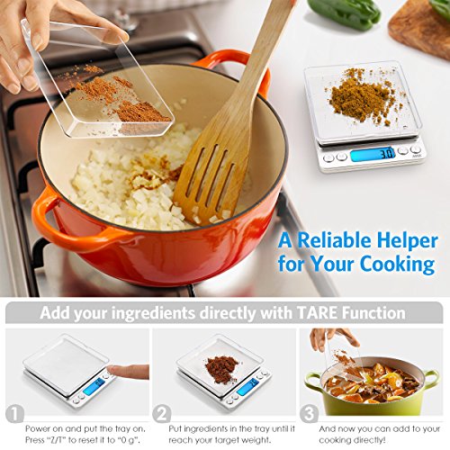 AMIR Digital Kitchen Scale, 3000g 0.01oz/ 0.1g Pocket Coffee Scale, Mini Food Scale, Pro Electronic Jewelry Scale with Back-Lit LCD Display, Tare & PCS Functions, Stainless Steel, Batteries Included - color: Sliver