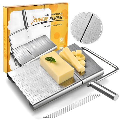 Cheese Slicer with Measuring Grids, Stainless Steel Metal Cheese Cutter and Cutting Board for Block Cheese, with 5 Replacement Extra Wires, Easy to Clean, Dishwasher Safe