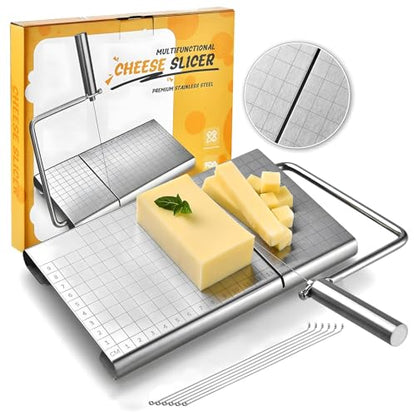 Cheese Slicer with Measuring Grids, Stainless Steel Metal Cheese Cutter and Cutting Board for Block Cheese, with 5 Replacement Extra Wires, Easy to Clean, Dishwasher Safe