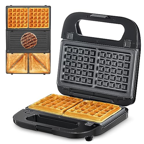 Reemix 3-in-1 Waffle, Grill & Sandwich Maker, Panini Press Grill and Waffle Iron Set with Removable Non-Stick Plates, Perfect for Grilled Cheese, Tuna Melts, Burgers, Steaks (Black, Plastic) - color: Black, Plastic