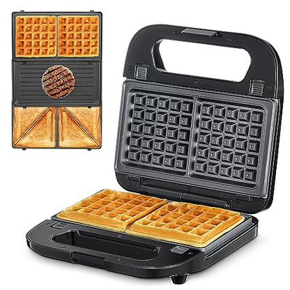 Reemix 3-in-1 Waffle, Grill & Sandwich Maker, Panini Press Grill and Waffle Iron Set with Removable Non-Stick Plates, Perfect for Grilled Cheese, Tuna Melts, Burgers, Steaks (Black, Plastic) - color: Black, Plastic