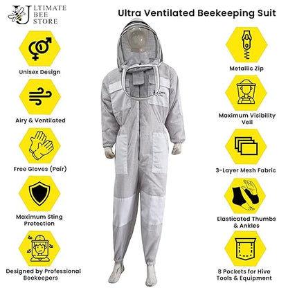 Highly Ventilated Beekeeping Suit Beekeepers 3 Layer Premium bee Suit for Men & Women with Pair of Gloves - color: White Fencing Veil, size: Medium
