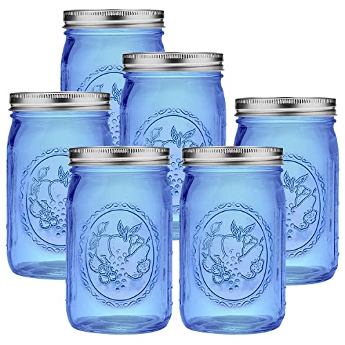 eleganttime Blue Wide Mouth Mason Jars 32 oz,6 Pack Colored Quart Glass Canning Jars with Airtight Lids for Canning,Pickling,Storage,DIY Crafts & Décor - color: blue glass jar
