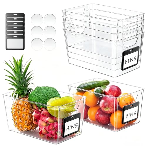 iCASA 6 Pack Clear Plastic Storage Bins with Labels for Pantry Organization | Large Clear Bins for Organizing, Ideal for Shelves, Cabinet, Under Sink, Laundry, Closet, Kitchen, Fridge, Bathroom Organizer