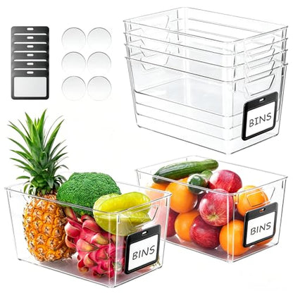 iCASA 6 Pack Clear Plastic Storage Bins with Labels for Pantry Organization | Large Clear Bins for Organizing, Ideal for Shelves, Cabinet, Under Sink, Laundry, Closet, Kitchen, Fridge, Bathroom Organizer