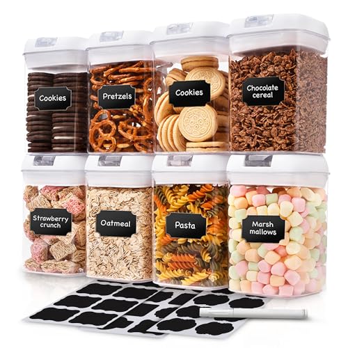 Set of 8 Airtight Food Storage Containers - Pantry Organizer Bins, BPA Free Plastic Containers plus Dry Erase Marker and Labels, White - color: White