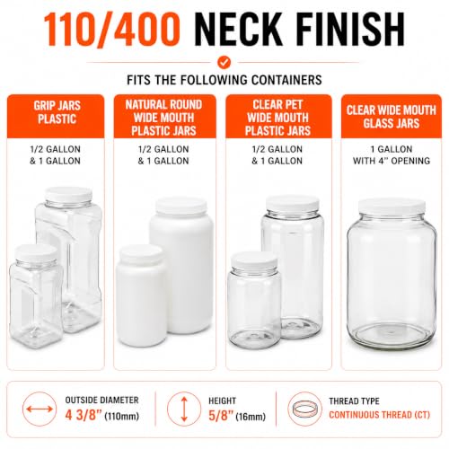 110mm (4.33") Fit - 3-Pack White Plastic Lids for Most 1 Gallon Wide Mouth Jars – PE Foam Liner, Food-Grade, Leak-Resistant Caps (Jars Not Included) - color: White