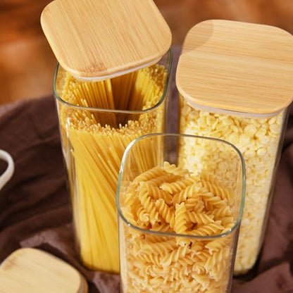 D2scrma 71oz Glass Square Storage Containers with Bamboo Lids Set of 3 (2100ml) Tall Food Storage Canisters Kitchen Jars for Pantry Organization Pasta, Penne, Macaroni, Lasagna, Fusilli - size: 71oz*3