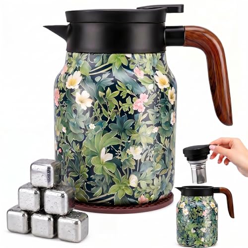 Vintage Floral Thermal Carafe, 35oz 1L Double Wall Insulated Stainless Steel Tea Coffee Thermos with Removable Infuser, One Hand Pour Hot Cold Retention Tea Pot for Loose Leaf Tea - color: Retro Floral Green