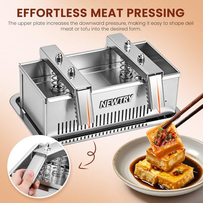 NEWTRY Tofu Press 6.6LB Capacity Deli Meat Press Tool 304 Stainless Steel for Tofu Pork Beef Bacon Homemade Deli Meat with Press Handle