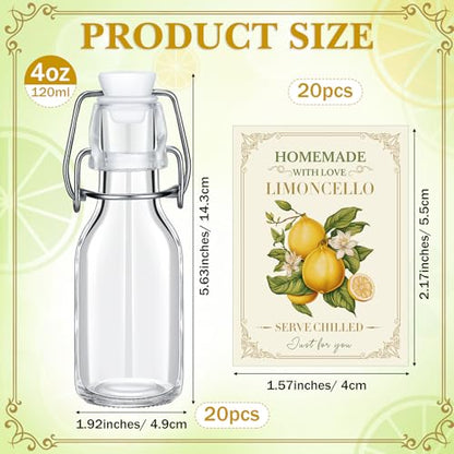 Havawish 20 Sets 4 oz Limoncello Bottles Swing Top Glass Bottles for Homemade Clear Flip Top Mini Limoncello Bottle with Labels Airtight Cap Lids for Home Brewing Gifts Wedding Baby Shower Favors