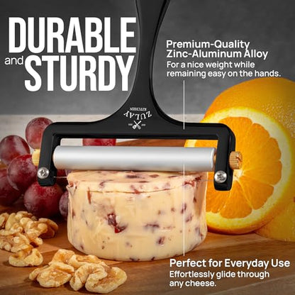Zulay Kitchen Stainless Steel Wire Cheese Slicer - Adjustable Hand Held Cutter with 2 Extra Wires - Premium Cheese Shaver For Mozzarella, Cheddar, Gruyere - Black - color: Matte Black