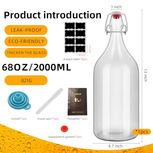 64oz Flip Top Glass Bottle 2 Liter Swing Brewing with Stopper for Beverages, Oil, Vinegar, Kombucha, Beer, Water, Soda, Kefir Airtight Lid & Leak Proof Cap Clear (clear 1 pc)