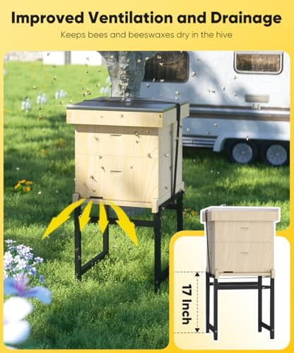 Mondazie Adjustable Metal Bee Hive Stand with 120-Inches Strap for 8 & 10 Frame Beehives Box, 12 to 19 Inches Width Beehive Frame Holder , Heavy Duty Flow Hives Stands Base for Beekeeping, Black - color: Black - Standard