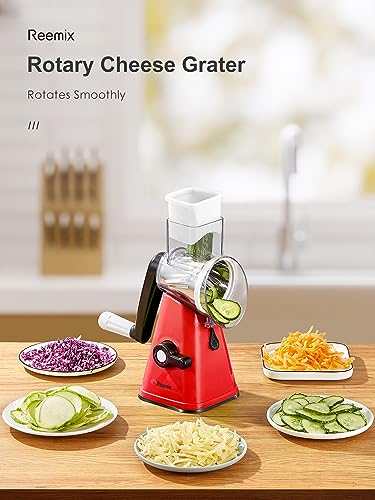 Rotary Cheese Grater with Handle, Reemix Vegetable Cheese Shredder Slicer Grater for Kitchen 3 Changeable Blades for Cheese Potato Zucchini Nuts Chocolate (Red) - color: Red