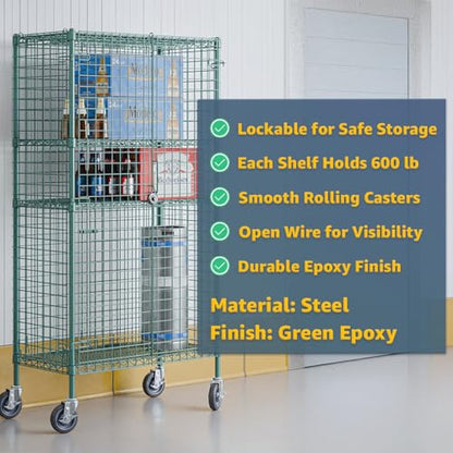 24" x 36" x 69" NSF Heavy Duty Mobile Green Epoxy Wire Shelves with Security Cage Kit, 4 Tier Metal Commercial Storage Rack with Wheels - color: Green, size: 24" x 36" x 69" with Wheels