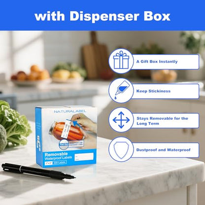 NATURALABEL 300 PCS Removable Freezer Labels with Dispenser - 1" x 3" Food Labels for Meal Prep Containers, Easy Peel-Off Design, No Residue (Blue) - color: Preprinted-blue