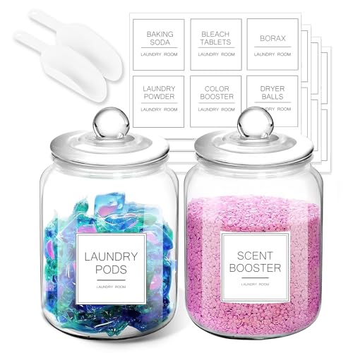 FyndraX Laundry Pods Glass Jars - Half Gallon Airtight Containers with Scoop and Labels for Organization and Storage Laundry Room Detergents Powder, Scent Booster Beads Holder, Set of 2 - color: 2 Pack