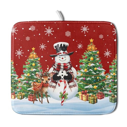 Christmas Snowman Dish Drying Mat for Kitchen Counter,Christmas Tree Winter Snowflake Red Drying Mat 16 x 18 Inch with High Absorbent Reversible Microfiber Dish Drying Pad Drainer Mat for Coffee Bar - color: Christmas, size: 16" x 18"