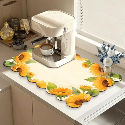 Scalloped Dish Drying Mats for Kitchen Counter, Sunflowers for Spring Summer, Cute Coffee Bar Mat for Countertop, Diatomite Absorbent, Kitchen Aesthetic Decor (12"x19", Sunflowers 1) - color: Z-Sunflower 1, size: 19" x 12"