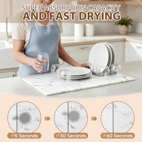 Large Stone Dish Drying Mat for Kitchen Counter,24"(L)×16"(W),Quick Dry Super Absorbent Drying Matt Kitchen Counter,Collapsible Diatomaceous Earth Dish Mats,for Dishes Bottles Cups,Any Countertop - color: White