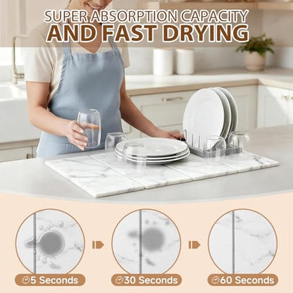 Large Stone Dish Drying Mat for Kitchen Counter,24"(L)×16"(W),Quick Dry Super Absorbent Drying Matt Kitchen Counter,Collapsible Diatomaceous Earth Dish Mats,for Dishes Bottles Cups,Any Countertop - color: White