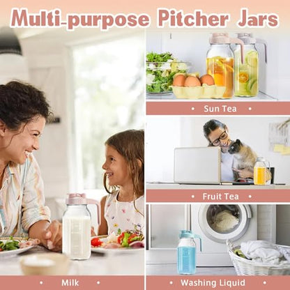 Mason Jar with Pour Spout Lid V-shaped, 2 Quart Iced Tea Pitcher Double Leak Proof, 64 oz Drink Pitcher for Breastmilk, Sun Tea, Juice, Coffee Creamer - color: Pink, size: 64 Ounces