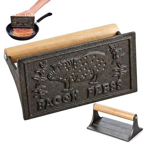 HIC Kitchen Bacon Press, Heavyweight Cast Iron, Rectangular With Wood Handle, For Stovetop Grill And Griddle - size: 6.75 x 4 x 3.25 inches, style: Rectangle