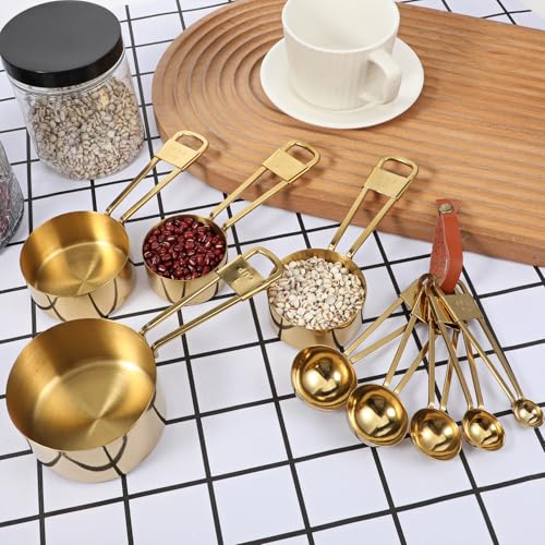 9 PCS GOLD Stainless Steel Measuring Cups and Spoons Set, Gold Nesting Design Teaspoon Stackable Cups and Spoons Heavy Duty Measuring Cup Set for Dry and Liquid Ingredients and Baking, Cooking(Golden) - color: Gold