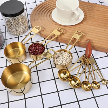 9 PCS GOLD Stainless Steel Measuring Cups and Spoons Set, Gold Nesting Design Teaspoon Stackable Cups and Spoons Heavy Duty Measuring Cup Set for Dry and Liquid Ingredients and Baking, Cooking(Golden) - color: Gold