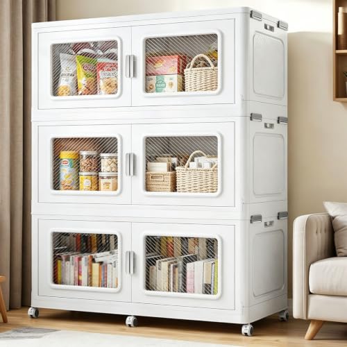 BROVIEW 900Qt Large Stackable Storage Bin Only One Lid, 225Gal Stackable Storage Bins Open Front with Wheels, Plastic Storage Cart Organizer and Storage for Home Kitchen, 3Packs, White