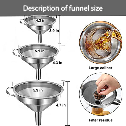 Stainless Steel Funnels for Kitchen Use, Kitchen Metal Funnel Set with Strainer Stainless Steel Funnels for Filling Bottles, Food Grade Funnel Set of 3 Transfer for Liquids Spices - color: 3PCS-5.9in&5.1in&4.3in
