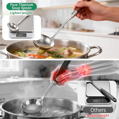 Newness Soup Ladle, [Rustproof, Heat Resistance] Resilient Pure Titanium Soup Spoon with Long Ergonomic Natural Wooden Round Handle, Non-Toxic Cooking Spoon for Kitchen, 14.56 Inches - color: Silver + Wood