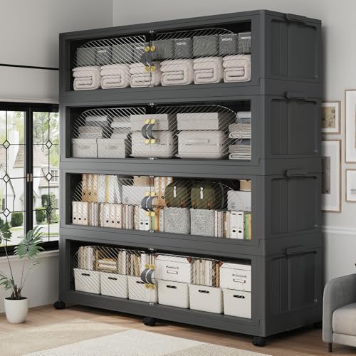 320Gal/1280QT 4-Tiers Extra Large Stackable Storage Bins with Lid, Collapsible Cabinet Closet Organizer Plastic Container Box with Wheels Doors Drawers for Office Dorm Kitchen, Black - color: Black, size: 80Gal-4Pack