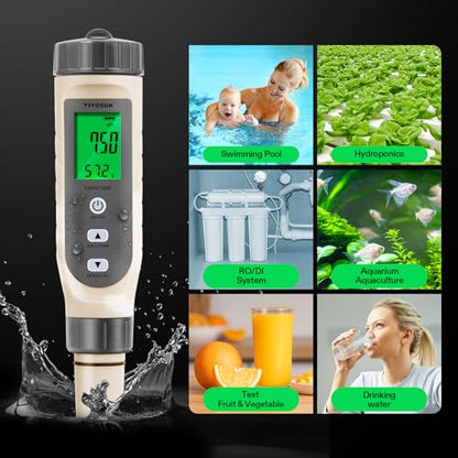 VIVOSUN 3-in-1 Digital pH Meter with ATC, ±0.1 pH Accuracy Water Quality Tester, 0-14.0 pH Measurement Range for Hydroponics, Household Drinking, Pool and Aquarium - color: Gray