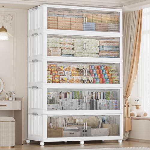 300Gal Extra Large Stackable Storage Bins with Lid (5‑Pack), 1200QT Collapsible Organizer with Clear Magnetic Doors & Wheels, Plastic Cabinet for Bedroom, Garage, Dorm, Closet, Kitchen - size: 240QT-5Pack