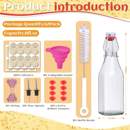 Alotpower 12 Pack 8oz Square Swing Top Glass Bottles with Airtight Lids | Flip Top Glass Bottles for Vanilla Extract,Home Brewing,Kombucha,Vinegar,beer, oda,beverages - Included Complete Brewing Kit - color: 12pack, size: 8fl.oz