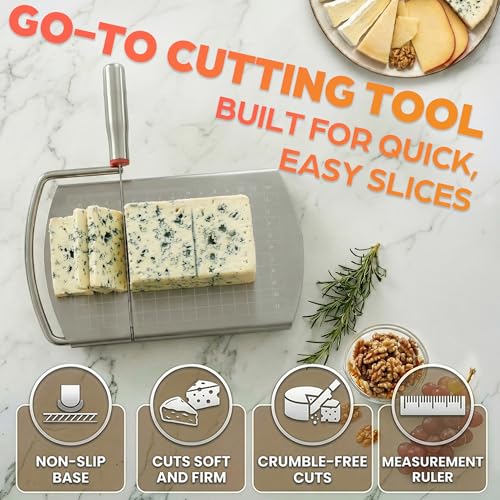 Stainless Steel Cheese Slicer for Block Cheese with Blade & Locking Design - Multipurpose Manual Cheese Cutter Board 9.92 x 8.27 x 1.18 in for Slicing Butter, Vegetables, Fruits, Snacks & Deli Foods